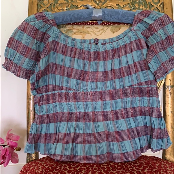 FREE PEOPLE VIVI COTTON CROPPED SMOCKED STRIPED CROP TOP IN BLUE/RED SZ. S , L - Picture 12 of 16